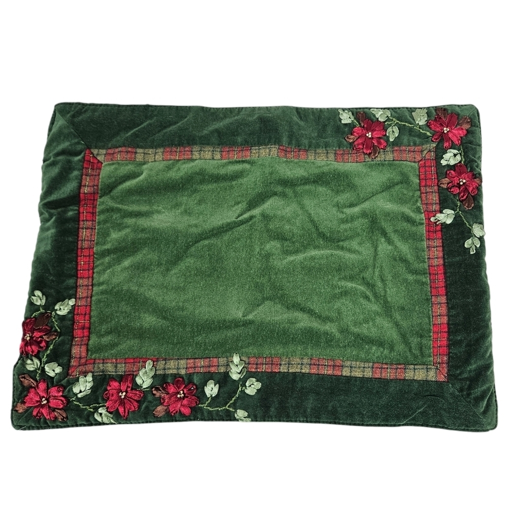 Green‎ Velvet & Burgundy Floral Holiday Placemats Set of 8